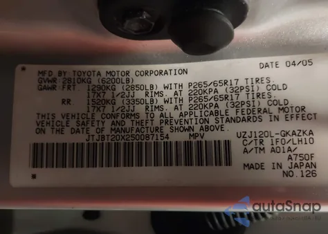 2005 Lexus Gx 470 z USA, uszkodzony, nr VIN JTJBT20X250087154